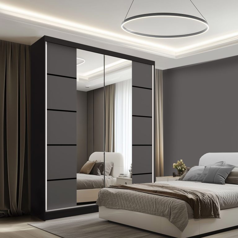 Dressing 158 cm Belini mat negru/gri mat cu usi glisante cu oglinda si sertare ME SERENITY SZP7/0/B/SR/0/HIAL