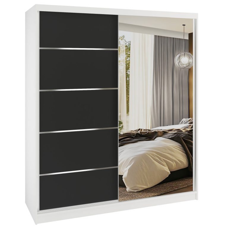 Dressing 158 cm Belini alb mat/negru mat cu usi glisante cu oglinda si sertare MBP SERENITY SZP7/0/W/B/0/HIAL