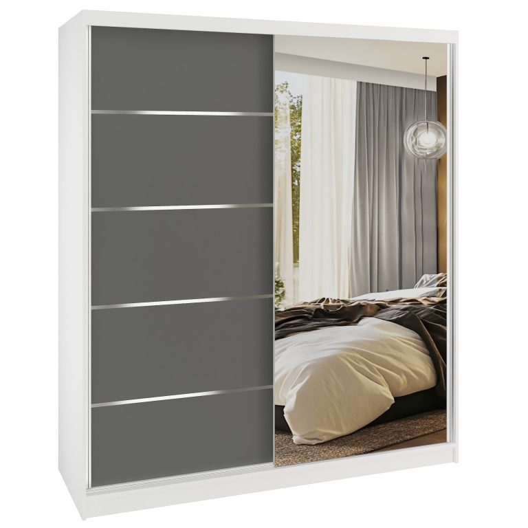 Dressing 158 cm Belini mat alb/gri mat cu usi glisante cu oglinda si sertare MBP SERENITY SZP7/0/W/SR/0/HIAL
