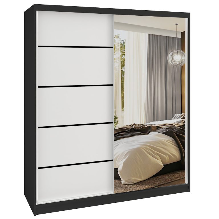 Dressing 158 cm Belini negru mat/alb mat cu usi glisante cu oglinda si sertare MBP SERENITY SZP7/0/B/W/0/HIAL