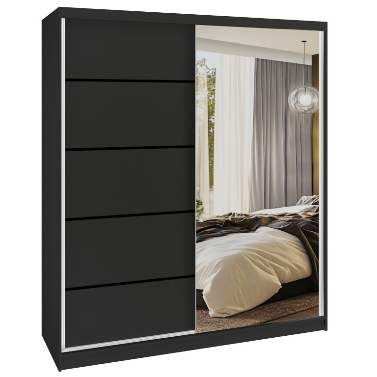 Dressing 158 cm Belini negru mat cu usi glisante cu oglinda si sertare MBP SERENITY SZP7/0/B/B/0/HIAL