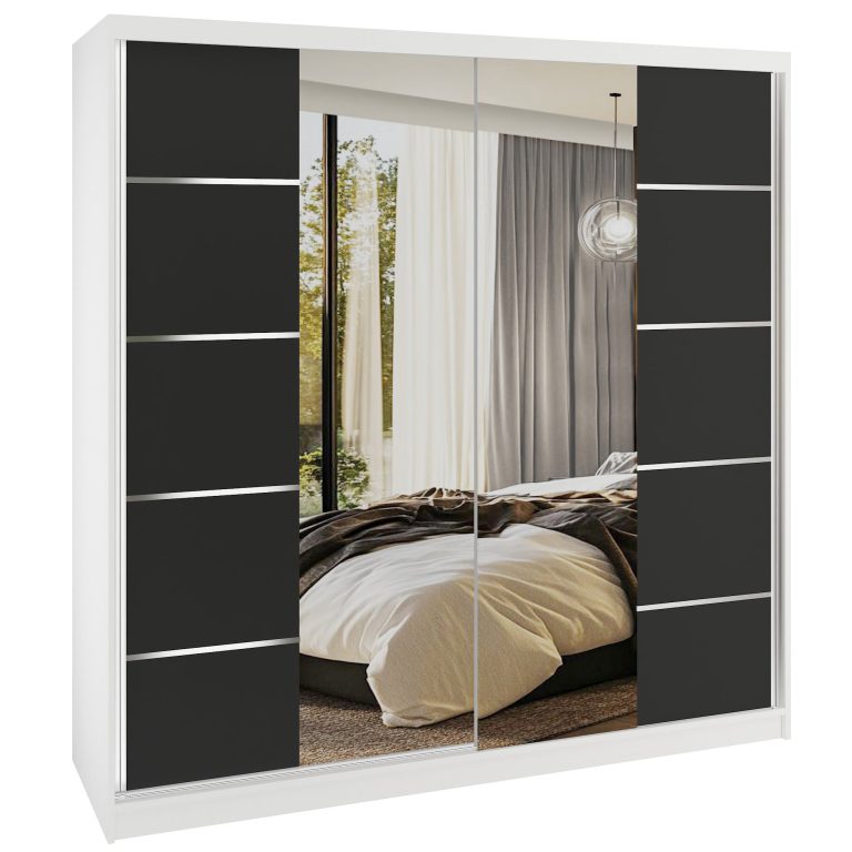 Dressing 200 cm Belini alb mat/negru mat cu usi glisante cu oglinda si sertare ME SERENITY SZP5/0/W/B/0/HIAL