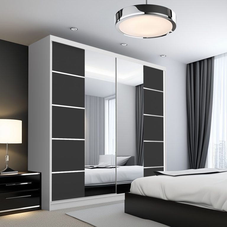 Dressing 200 cm Belini alb mat/negru mat cu usi glisante cu oglinda si sertare ME SERENITY SZP5/0/W/B/0/HIAL
