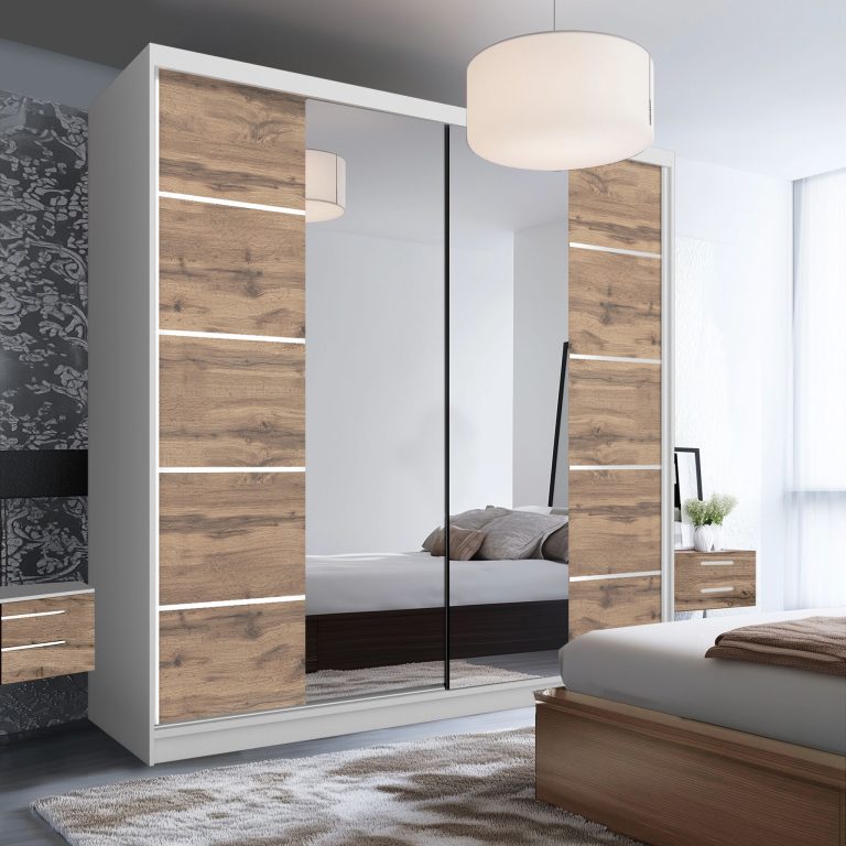 Dressing 200 cm Belini alb mat/stejar wotan cu usi glisante cu oglinda si sertare ME SERENITY SZP5/0/W/DW/0/HIAL