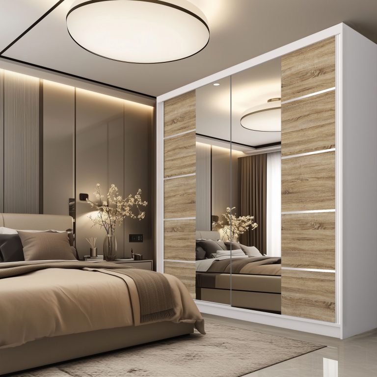 Dressing 200 cm Belini alb mat/stejar sonoma cu usi glisante cu oglinda si sertare ME SERENITY SZP5/0/W/DS/0/HIAL