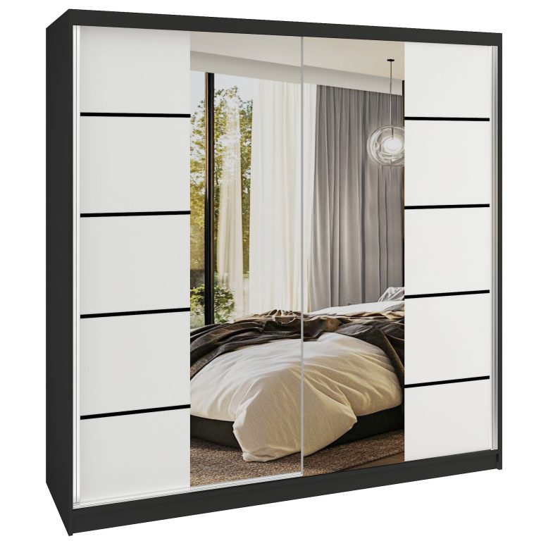 Dressing 200 cm Belini negru mat/alb mat cu usi glisante cu oglinda si sertare ME SERENITY SZP5/0/B/W/0/HIAL