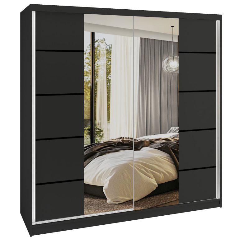 Dressing 200 cm Belini negru mat cu usi glisante cu oglinda si sertare ME SERENITY SZP5/0/B/B/0/HIAL