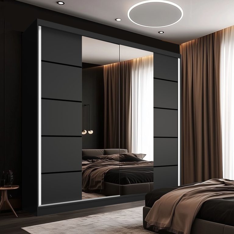 Dressing 200 cm Belini negru mat cu usi glisante cu oglinda si sertare ME SERENITY SZP5/0/B/B/0/HIAL