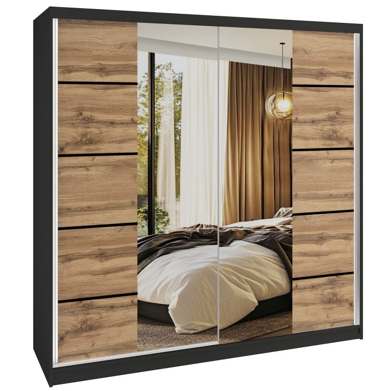 Dressing 200 cm Belini negru mat/stejar wotan cu usi glisante cu oglinda si sertare ME SERENITY SZP5/0/B/DW/0/HIAL