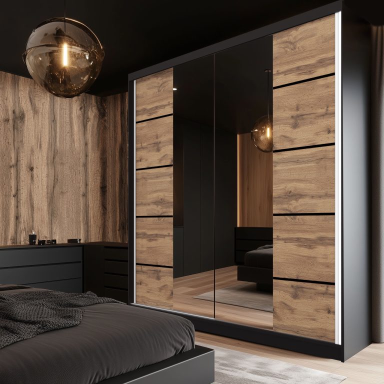 Dressing 200 cm Belini negru mat/stejar wotan cu usi glisante cu oglinda si sertare ME SERENITY SZP5/0/B/DW/0/HIAL
