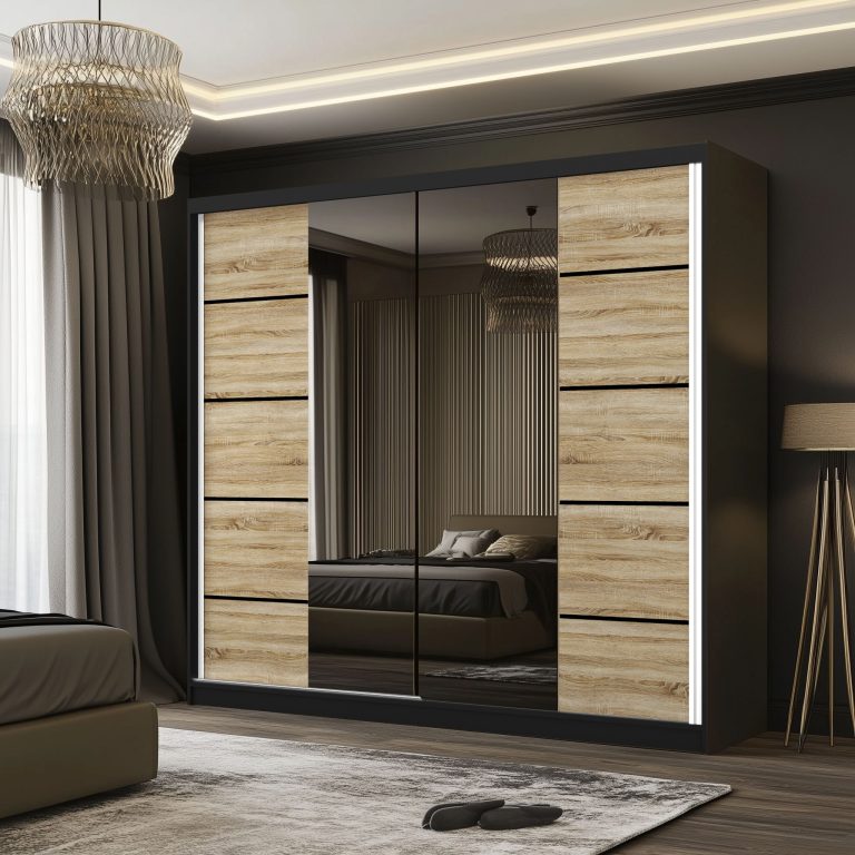 Dressing 200 cm Belini negru mat/stejar sonoma cu usi glisante cu oglinda si sertare ME SERENITY SZP5/0/B/DS/0/HIAL