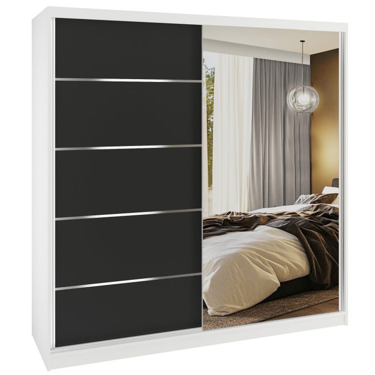 Dressing 200 cm Belini alb mat/negru mat cu usi glisante cu oglinda si sertare MBP SERENITY SZP5/0/W/B/0/HIAL