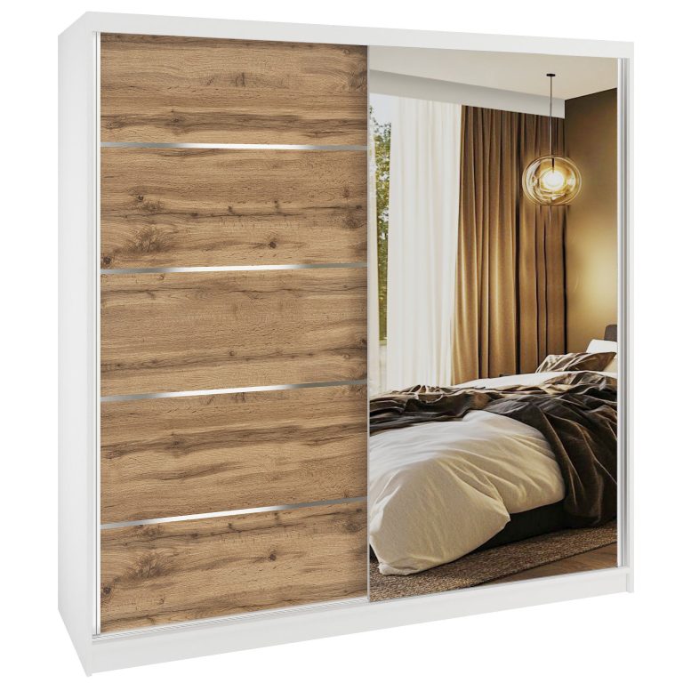 Dressing 200 cm Belini alb mat/stejar wotan cu usi glisante cu oglinda si sertare MBP SERENITY SZP5/0/W/DW/0/HIAL