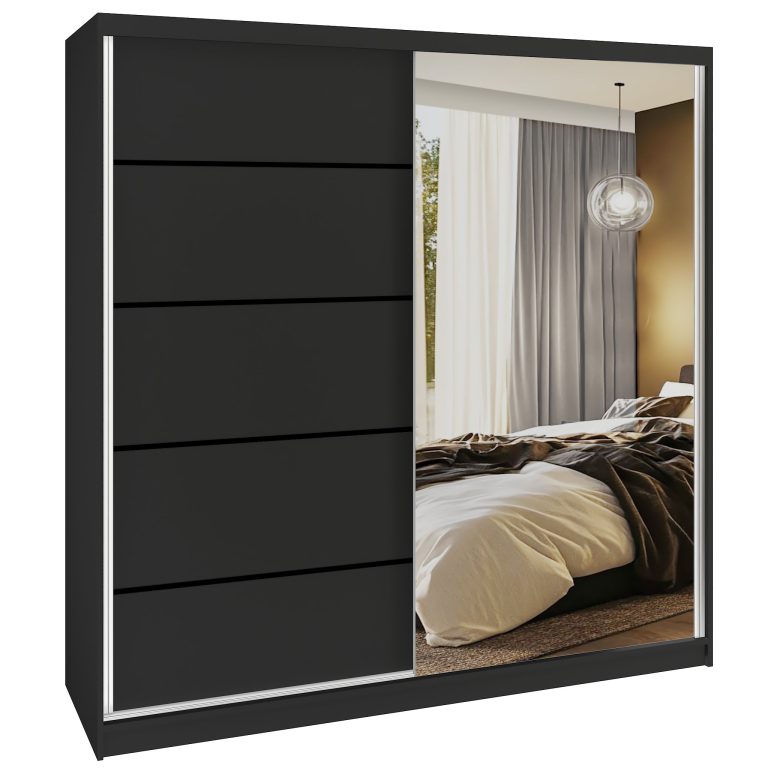 Dressing 200 cm Belini negru mat cu usi glisante cu oglinda si sertare MBP SERENITY SZP5/0/B/B/0/HIAL