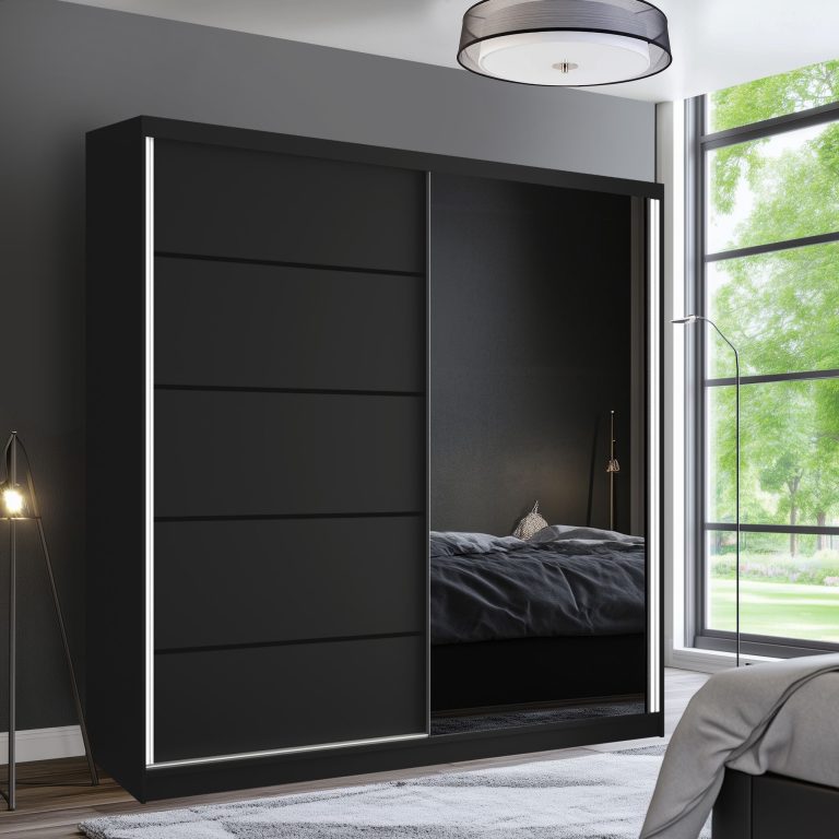 Dressing 200 cm Belini negru mat cu usi glisante cu oglinda si sertare MBP SERENITY SZP5/0/B/B/0/HIAL