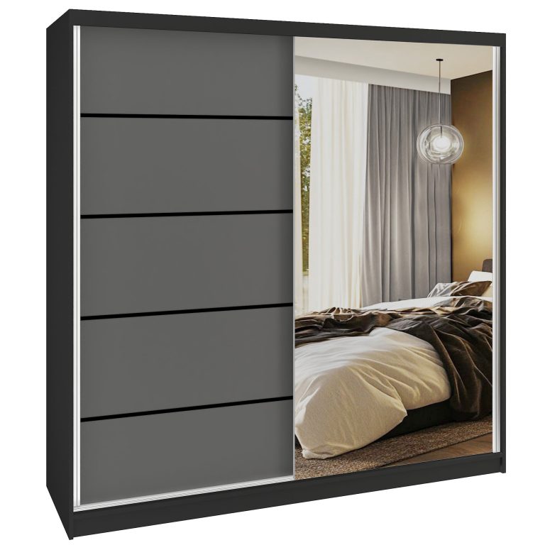 Dressing 200 cm Belini alb mat/gri mat cu usi glisante cu oglinda si sertare MBP SERENITY SZP5/0/B/SR/0/HIAL