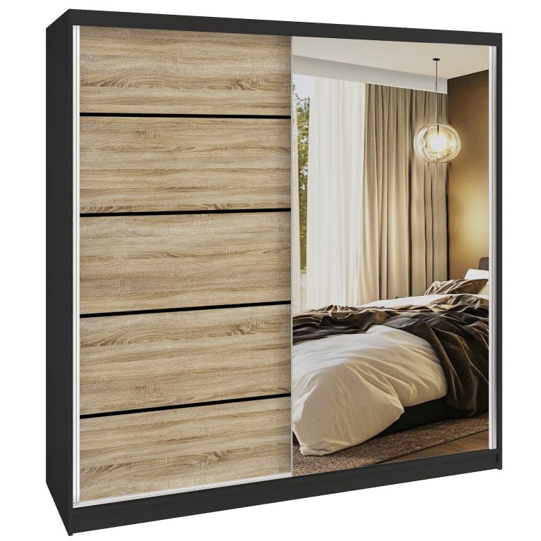 Dressing 200 cm Belini negru mat/stejar sonoma cu usi glisante cu oglinda si sertare MBP SERENITY SZP5/0/B/DS/0/HIAL