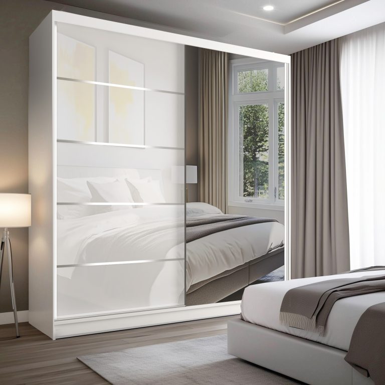 Dressing 200 cm Belini mat alb cu usi glisante cu oglinda si sertare MGB SERENITY SZP5/0/W/W/0/HIAL