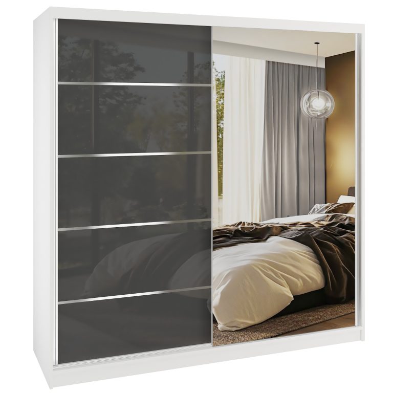 Dressing 200 cm Belini alb mat/gri lucios cu usi glisante cu oglinda si sertare MGB SERENITY SZP5/0/W/S/0/HIAL