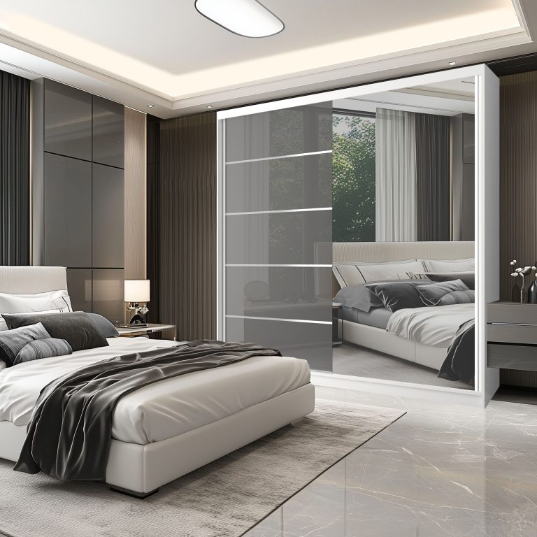 Dressing 200 cm Belini alb mat/gri lucios cu usi glisante cu oglinda si sertare MGB SERENITY SZP5/0/W/S/0/HIAL