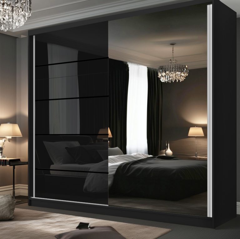 Dressing 200 cm Belini negru mat/negru lucios cu usi glisante cu oglinda si sertare MGB SERENITY SZP5/0/B/B/0/HIAL