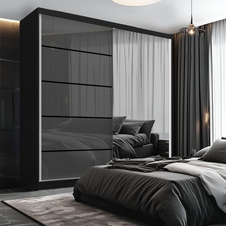 Dressing 200 cm Belini negru mat/gri lucios cu usi glisante cu oglinda si sertare MGB SERENITY SZP5/0/B/S/0/HIAL