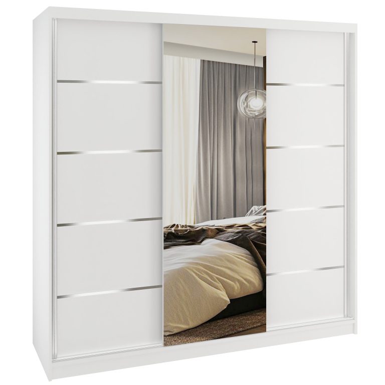 Dressing 200 cm Belini mat alb cu usi glisante cu oglinda si sertare MT SERENITY SZP5/0/W/W/0/HIAL