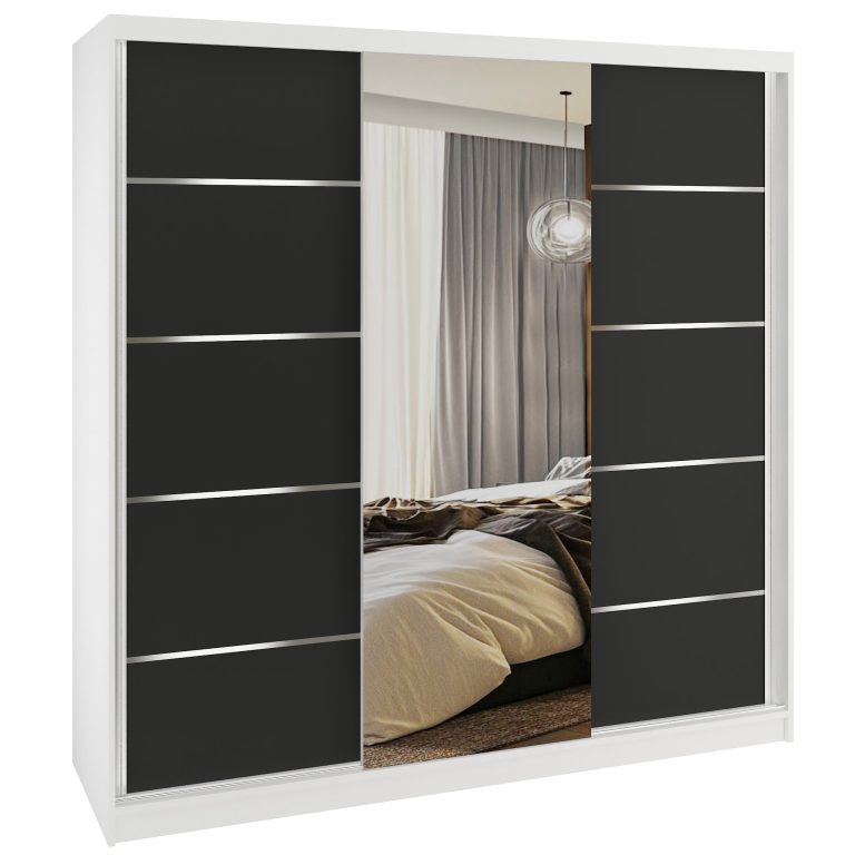 Dressing 200 cm Belini alb mat/negru mat cu usi glisante cu oglinda si sertare MT SERENITY SZP5/0/W/B/0/HIAL
