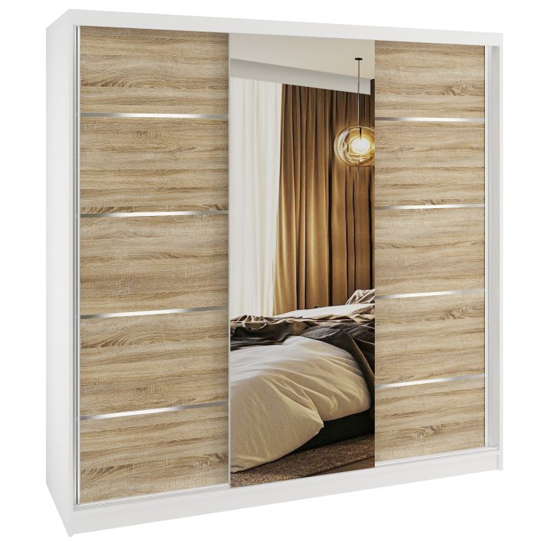 Dressing 200 cm Belini alb mat/stejar sonoma cu usi glisante cu oglinda si sertare MT SERENITY SZP5/0/W/DS/0/HIAL