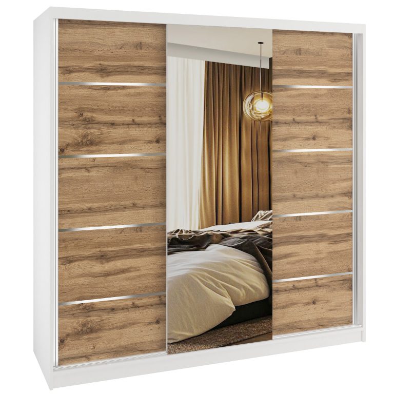 Dressing 200 cm Belini alb mat/stejar wotan cu usi glisante cu oglinda si sertare MT SERENITY SZP5/0/W/DW/0/HIAL