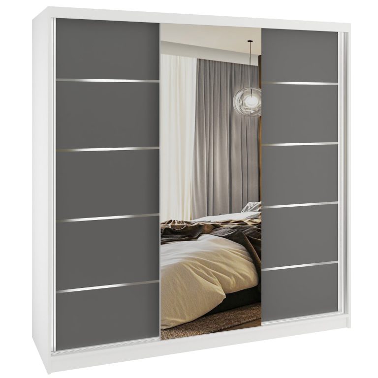 Dressing 200 cm Belini alb mat/gri mat cu usi glisante cu oglinda si sertare MT SERENITY SZP5/0/W/SR/0/HIAL