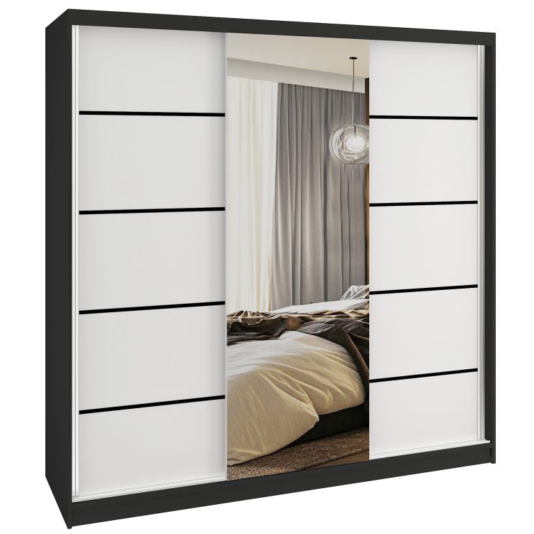 Dressing 200 cm Belini negru mat/alb mat cu usi glisante cu oglinda si sertare MT SERENITY SZP5/0/B/W/0/HIAL