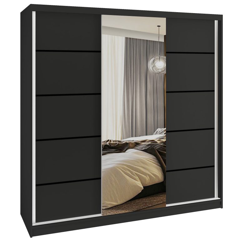 Dressing 200 cm Belini negru mat cu usi glisante cu oglinda si sertare MT SERENITY SZP5/0/B/B/0/HIAL