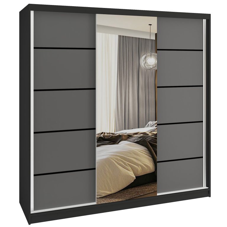 Dressing 200 cm Belini negru mat/gri mat cu usi glisante cu oglinda si sertare MT SERENITY SZP5/0/B/SR/0/HIAL