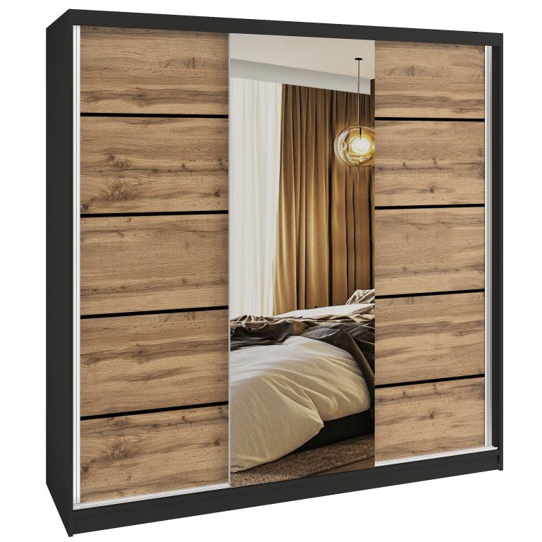 Dressing 200 cm Belini negru mat/stejar wotan cu usi glisante cu oglinda si sertare MT SERENITY SZP5/0/B/DW/0/HIAL