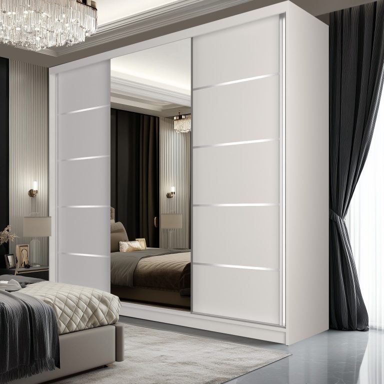 Dressing 232 cm Belini mat alb cu usi glisante cu oglinda si sertare MBP SERENITY SZP8/0/W/W/0/HIAL