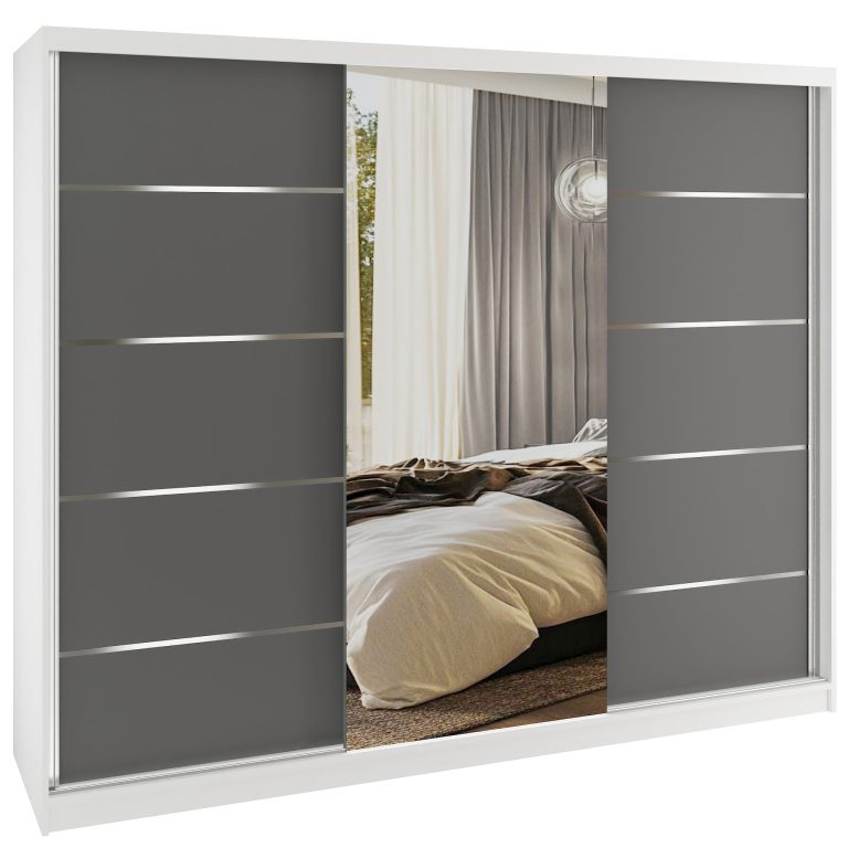 Dressing 232 cm Belini mat alb/gri mat cu usi glisante cu oglinda si sertare MBP SERENITY SZP8/0/W/SR/0/HIAL