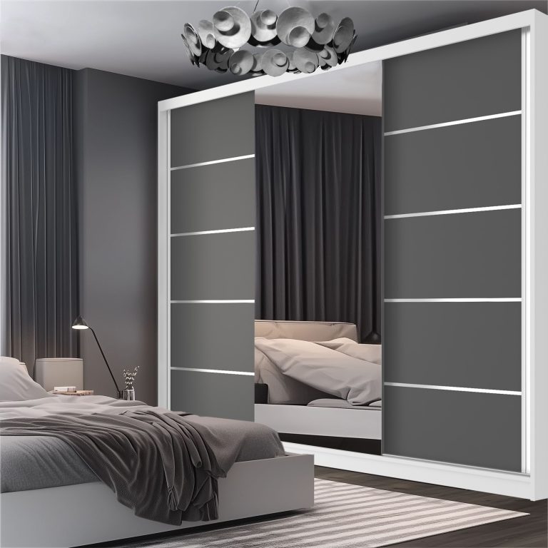 Dressing 200 cm Belini alb mat/gri mat cu usi glisante cu oglinda si sertare MT SERENITY SZP5/0/W/SR/0/HIAL