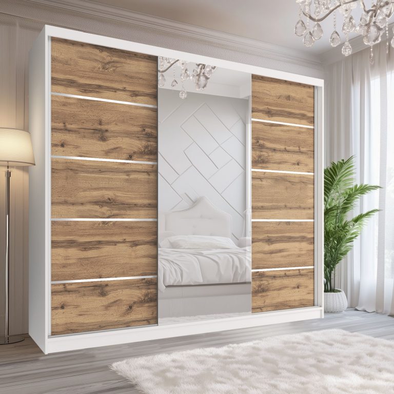 Dressing 200 cm Belini alb mat/stejar wotan cu usi glisante cu oglinda si sertare MT SERENITY SZP5/0/W/DW/0/HIAL