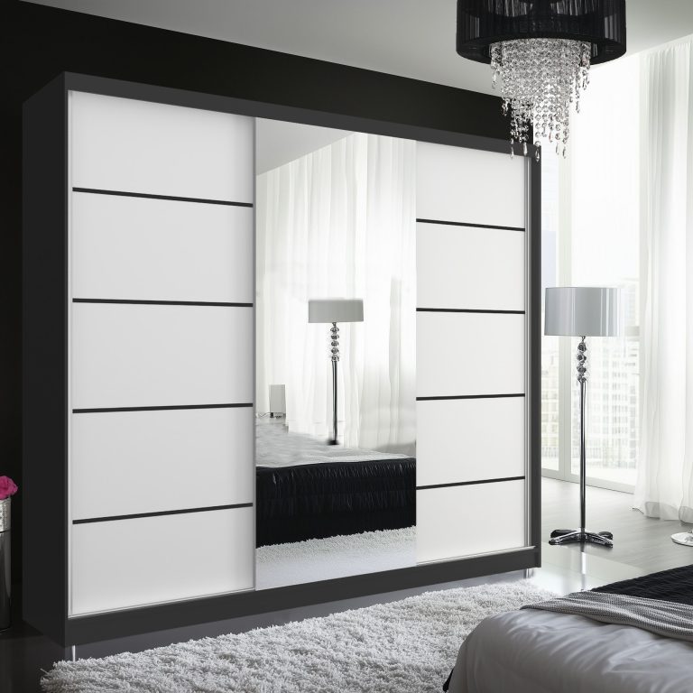 Dressing 232 cm Belini negru mat/alb mat cu usi glisante cu oglinda si sertare MBP SERENITY SZP8/0/B/W/0/HIAL