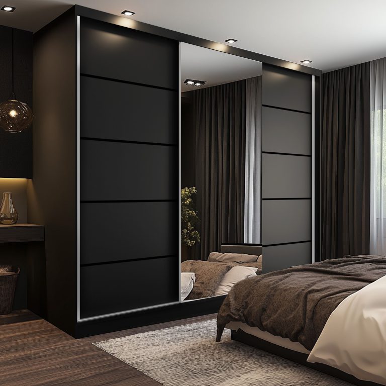 Dressing 232 cm Belini negru mat cu usi glisante cu oglinda si sertare MBP SERENITY SZP8/0/B/B/0/HIAL