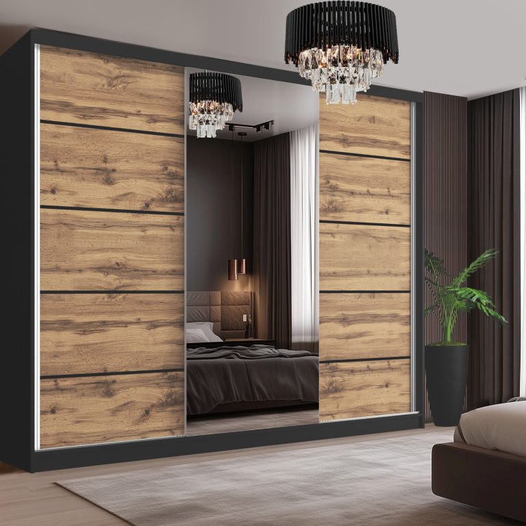 Dressing 232 cm Belini negru mat/stejar wotan cu usi glisante cu oglinda si sertare MBP SERENITY SZP8/0/B/DW/0/HIAL