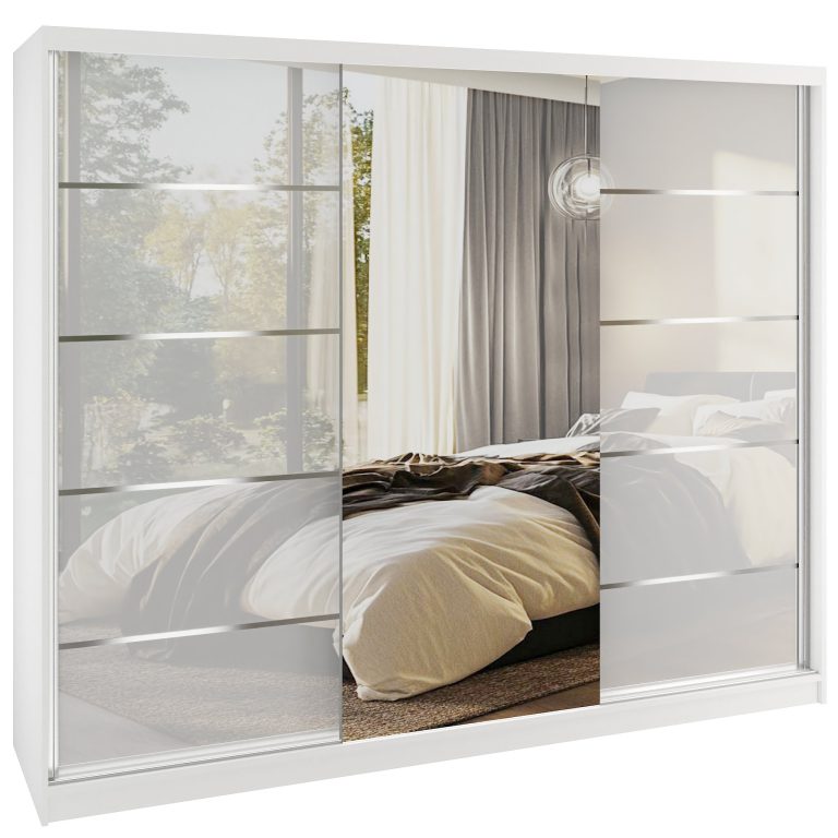 Dressing 232 cm Belini alb mat/alb lucios cu usi glisante cu oglinda si sertare MGB SERENITY SZP8/0/W/W/0/HIAL