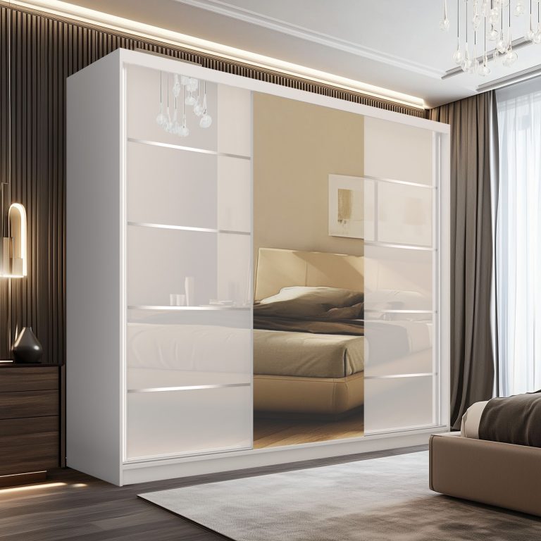 Dressing 232 cm Belini alb mat/alb lucios cu usi glisante cu oglinda si sertare MGB SERENITY SZP8/0/W/W/0/HIAL