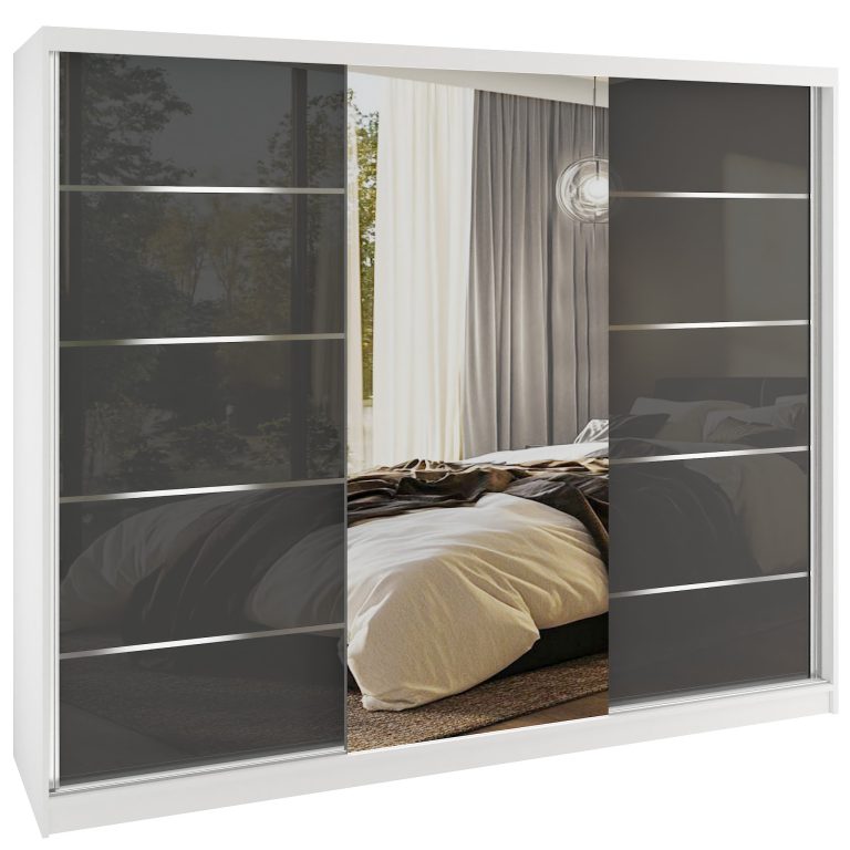 Dressing 232 cm Belini alb mat/gri lucios cu usi glisante cu oglinda si sertare MGB SERENITY SZP8/0/W/S/0/HIAL