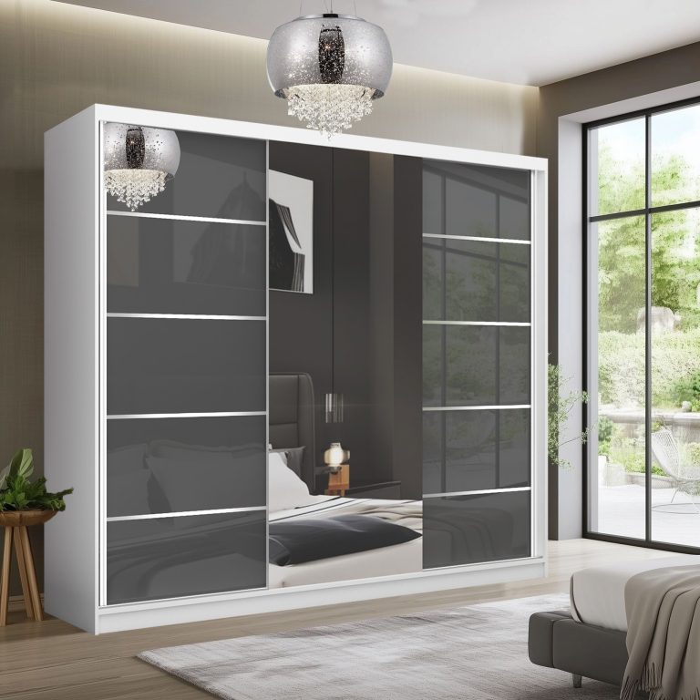 Dressing 232 cm Belini alb mat/gri lucios cu usi glisante cu oglinda si sertare MGB SERENITY SZP8/0/W/S/0/HIAL