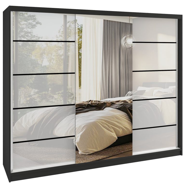 Dressing 200 cm Belini negru mat/alb lucios cu usi glisante cu oglinda si sertare MTG SERENITY SZP5/0/B/W/0/HIAL