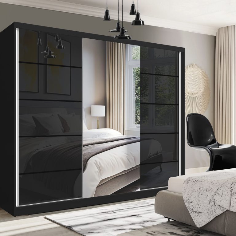 Dressing 232 cm Belini negru mat/negru lucios cu usi glisante cu oglinda si sertare MGB SERENITY SZP8/0/B/B/0/HIAL