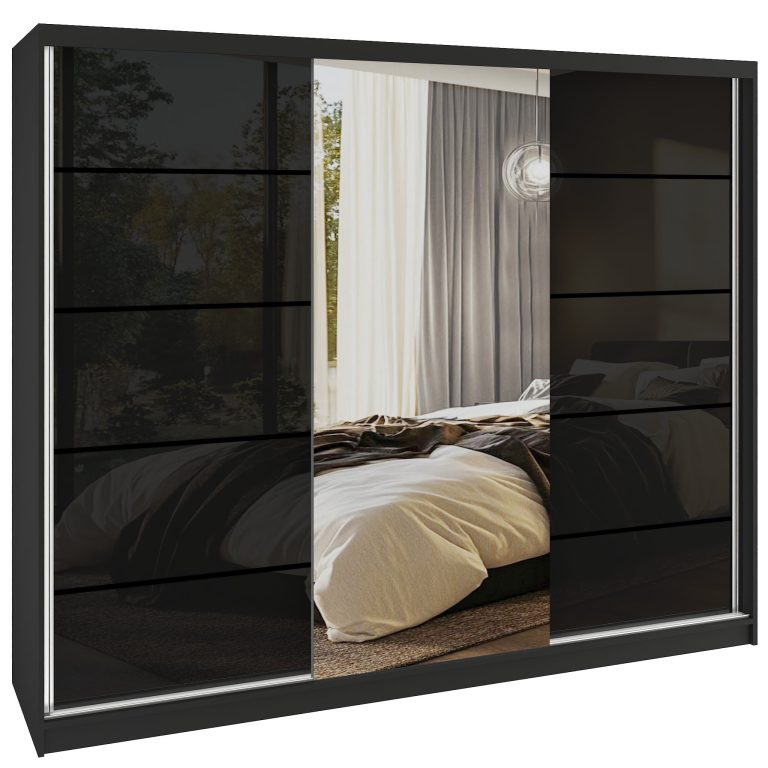Dressing 232 cm Belini negru mat/negru lucios cu usi glisante cu oglinda si sertare MGB SERENITY SZP8/0/B/B/0/HIAL
