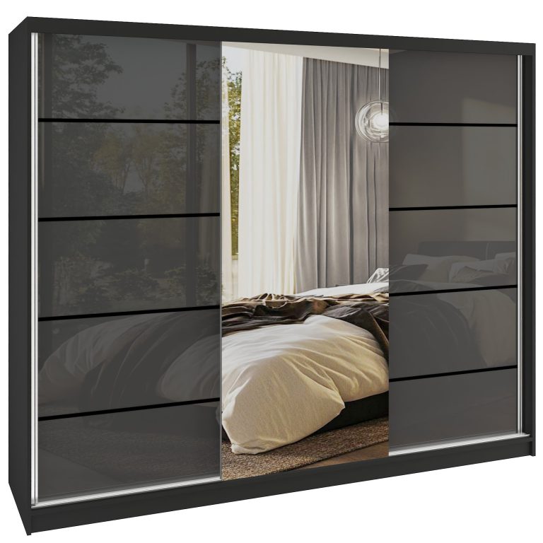 Dressing 232 cm Belini negru mat/gri lucios cu usi glisante cu oglinda si sertare MGB SERENITY SZP8/0/B/S/0/HIAL